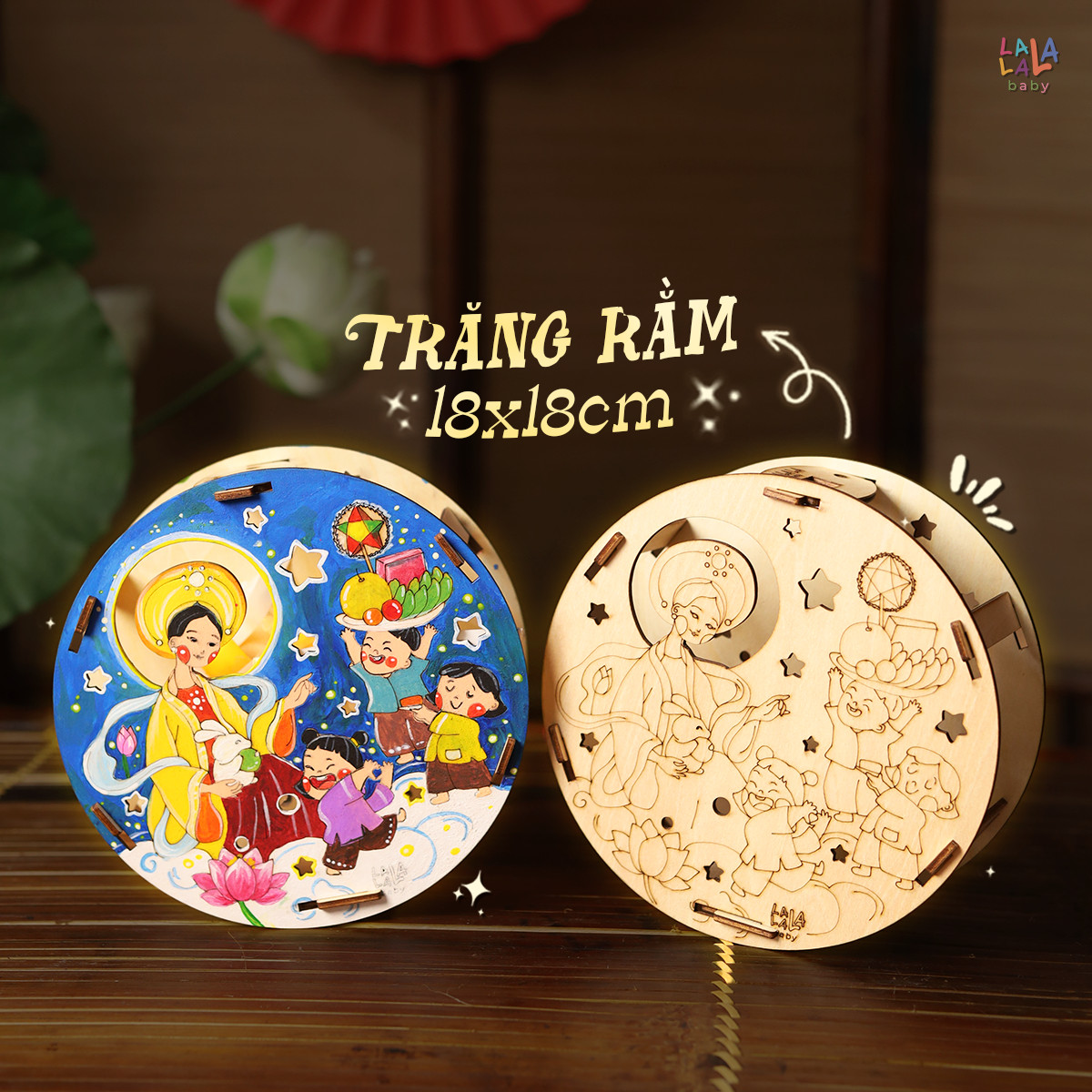 Đèn lồng gỗ Trông Trăng Lalamoon bộ kit tự làm lồng đèn trung thu tô màu thủ công DIY đồ chơi hình con vật