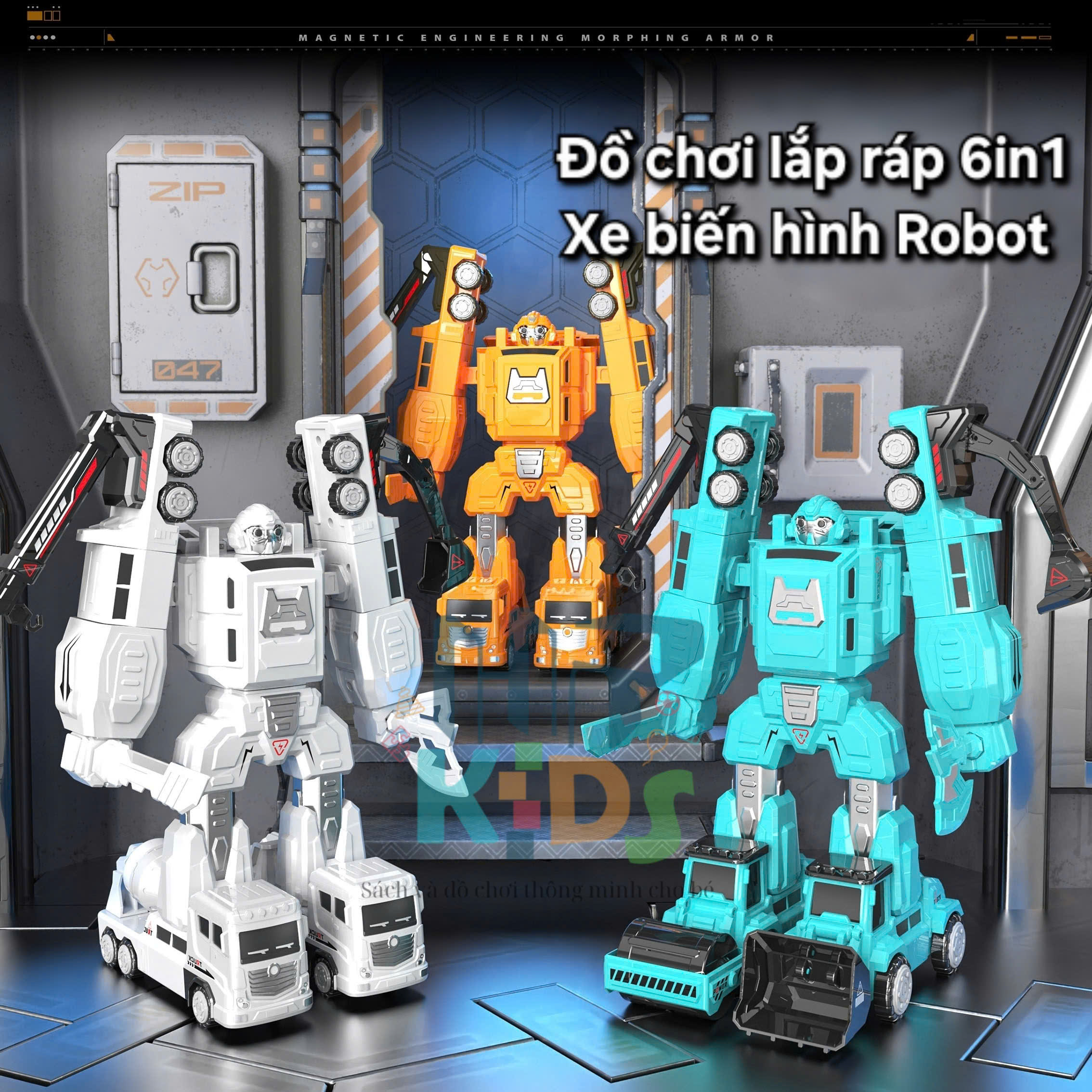 Đồ chơi Robot người máy, 6 xe kết hợp lại thành robot, lắp ráp kết hợp nam châm