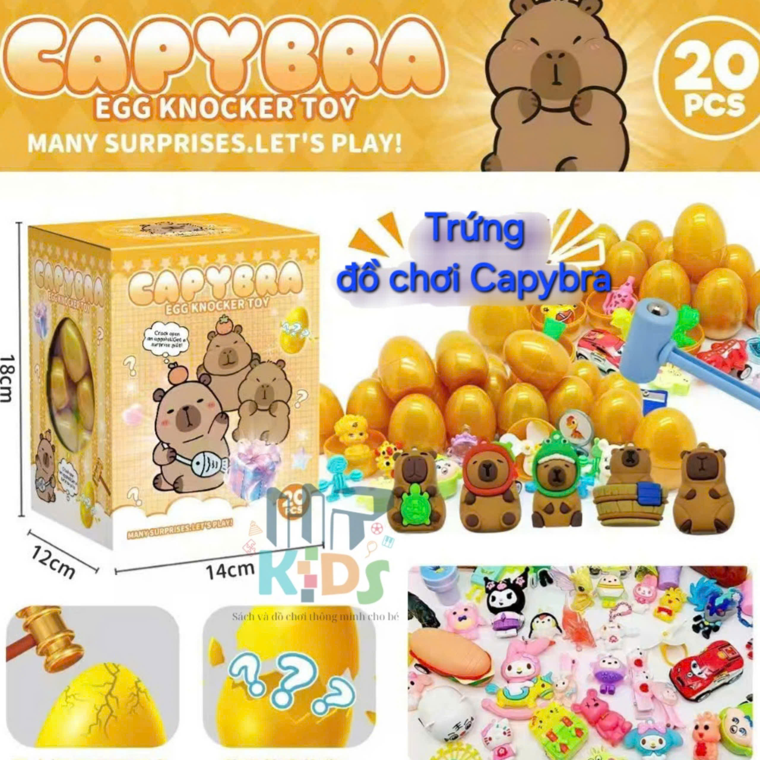 Đồ chơi dập trứng nhận quà, hộp mù trứng vàng nhiều chủ đề Kuromi, Labubu, Cappybra kèm búa cho bé