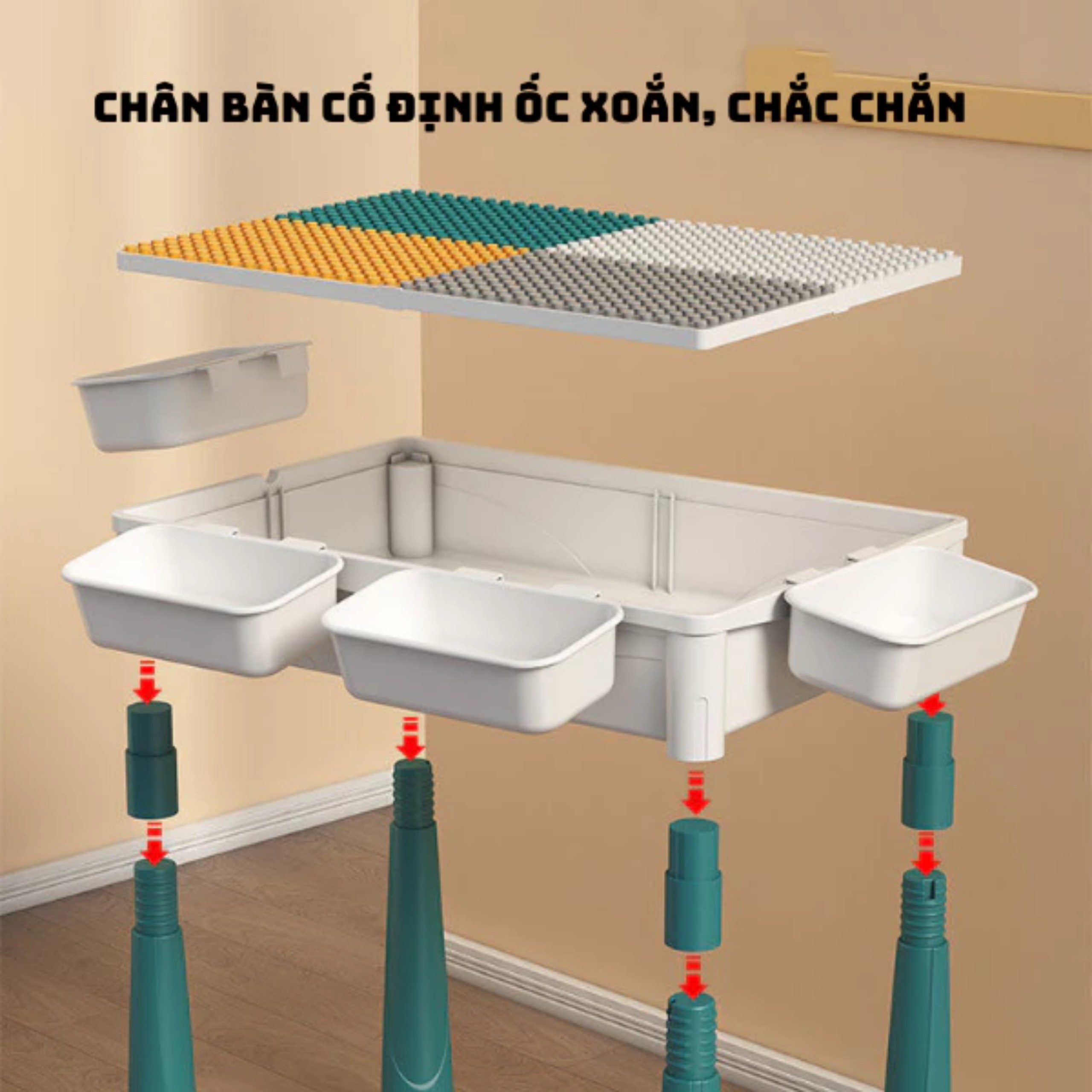 Đồ chơi bàn lắp ráp nhiều chi tiết có ngăn đựng đồ kèm ghế, làm bàn học, bàn ăn cho bé