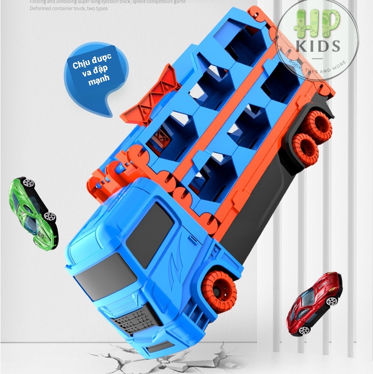 Xe đồ chơi container Vạn chuyển biến hình đường đua kép tặng kèm 6 xe đua bằng thép xịn xò cho bé