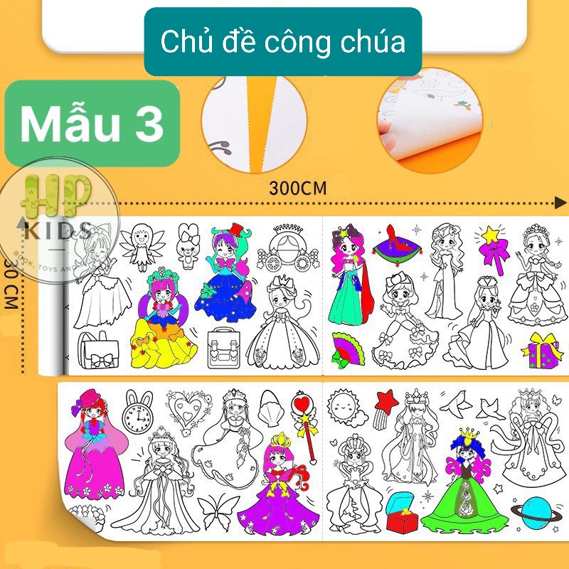 ( TẶNG KÈM KÉO VÀ MÀU) GIẤY CUỘN TRANH TÔ MÀU CẮT DÁN TÔ MÀU 3M CHO BÉ