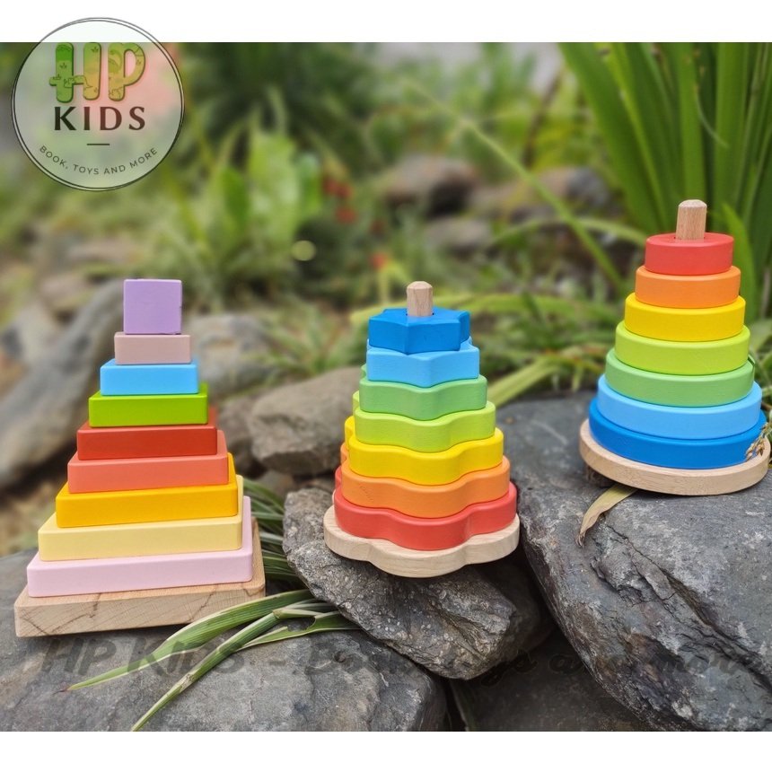 Giáo cụ montessori -Xếp hình tháp cầu vồng bằng gỗ kèm hướng dẫn cho bé