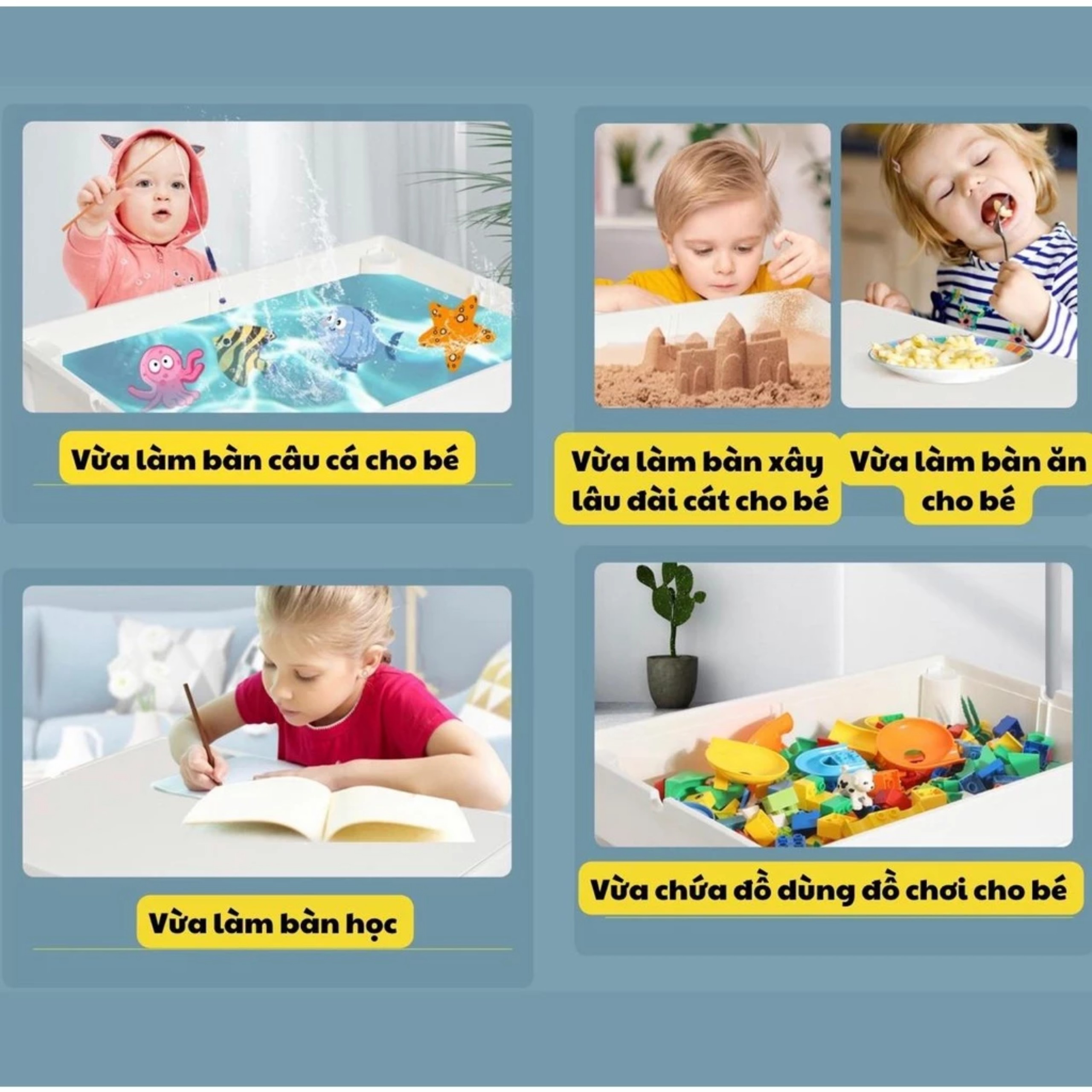Đồ chơi bàn lắp ráp nhiều chi tiết có ngăn đựng đồ kèm ghế, làm bàn học, bàn ăn cho bé