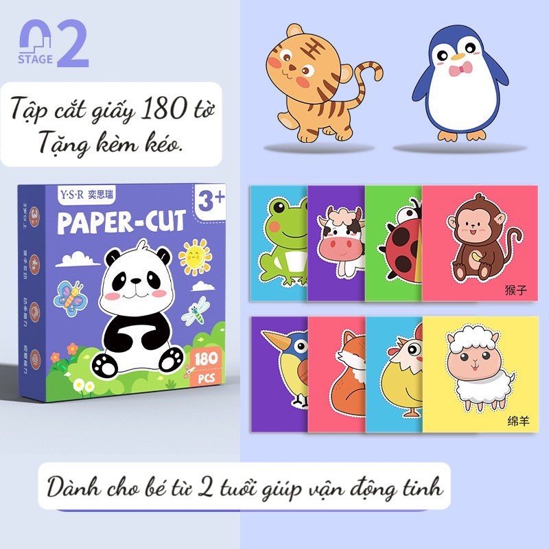 Bộ cắt giấy thủ công PAPER CUT 180 tờ gồm nhiều chủ đề tặng kèm kéo giúp bé rèn luyện tính kiên trì và khéo léo