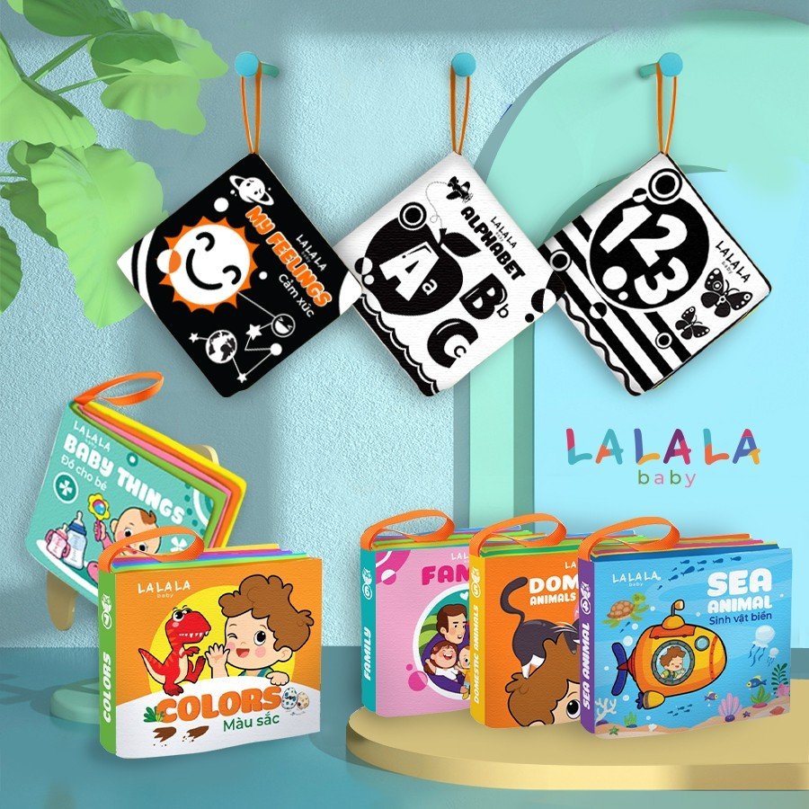 Sách vải song ngữ cho bé, vận động cơ tay, kích thích thị giác, phát triển giác quan hãng Lalala Baby