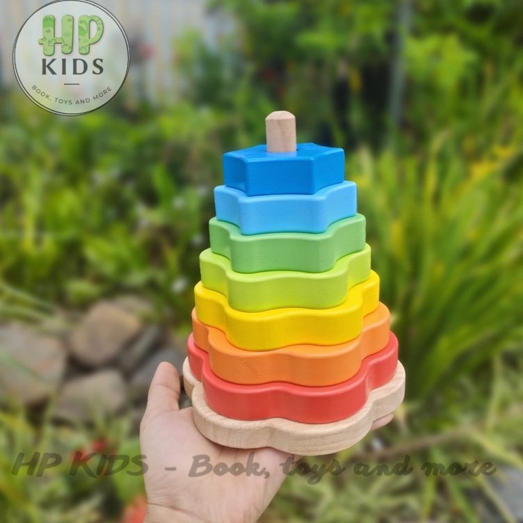 Giáo cụ montessori -Xếp hình tháp cầu vồng bằng gỗ kèm hướng dẫn cho bé
