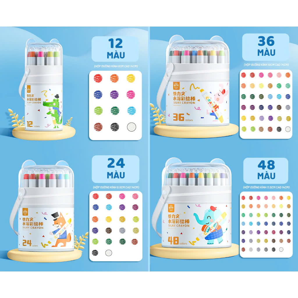 Bút màu sáp lụa màu hữu cơ, cho bé vẽ, tô màu dễ dàng lau chùi kèm hộp đựng, quai xách nắp đậy bút chống rơi cho bé