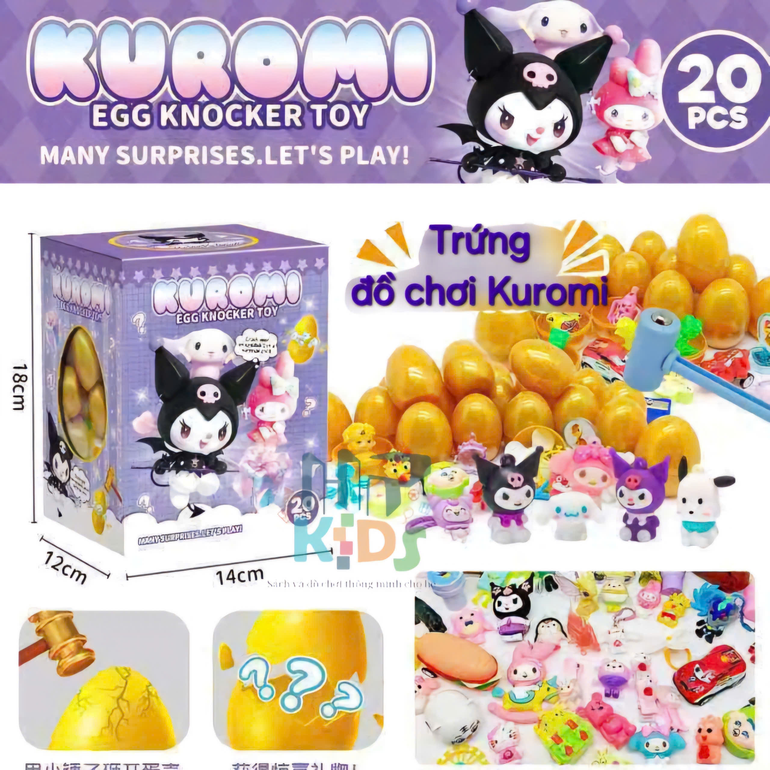 Đồ chơi dập trứng nhận quà, hộp mù trứng vàng nhiều chủ đề Kuromi, Labubu, Cappybra kèm búa cho bé