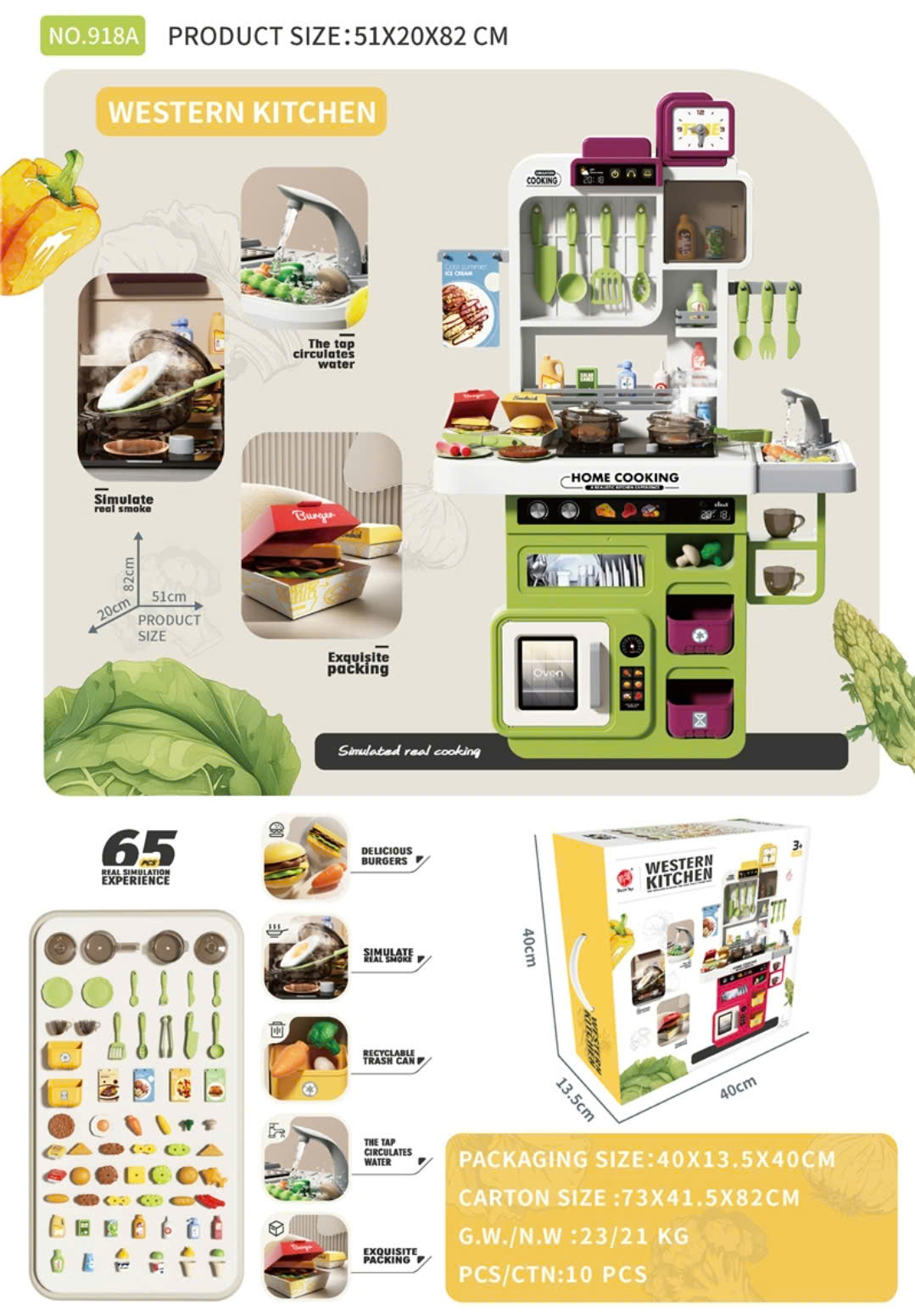 Đồ chơi kệ bếp nấu ăn loại lớn, phun khói và hơi nước, cao 70cm nhiều chi tiết cho bé