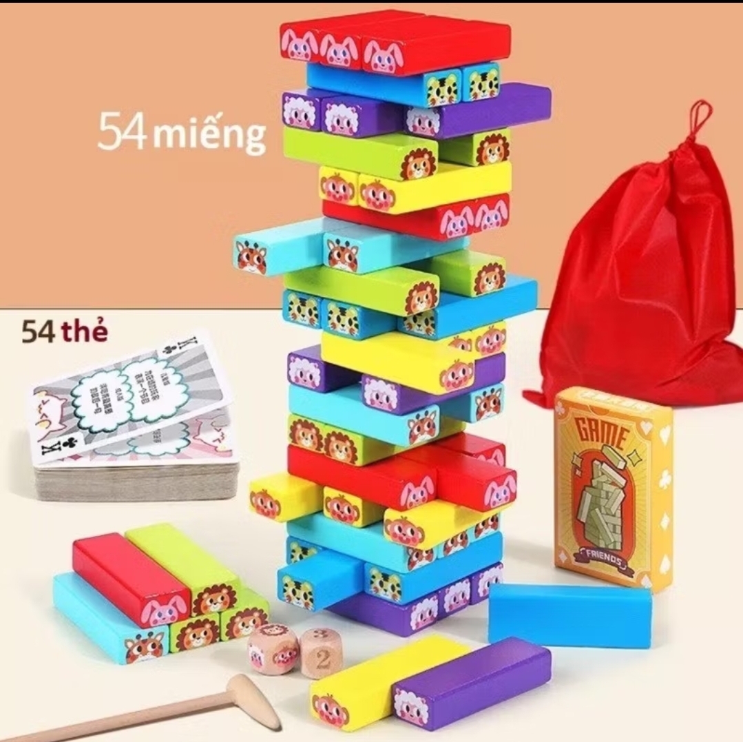 [ Loại lớn] Bộ đồ chơi rút gỗ loại lớn in hình động vật, màu sắc bắt mắt kèm xúcxắc và thanh gõ