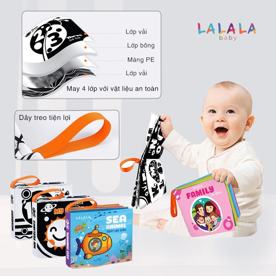 Sách vải song ngữ cho bé, vận động cơ tay, kích thích thị giác, phát triển giác quan hãng Lalala Baby