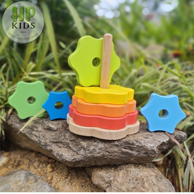 Giáo cụ montessori -Xếp hình tháp cầu vồng bằng gỗ kèm hướng dẫn cho bé