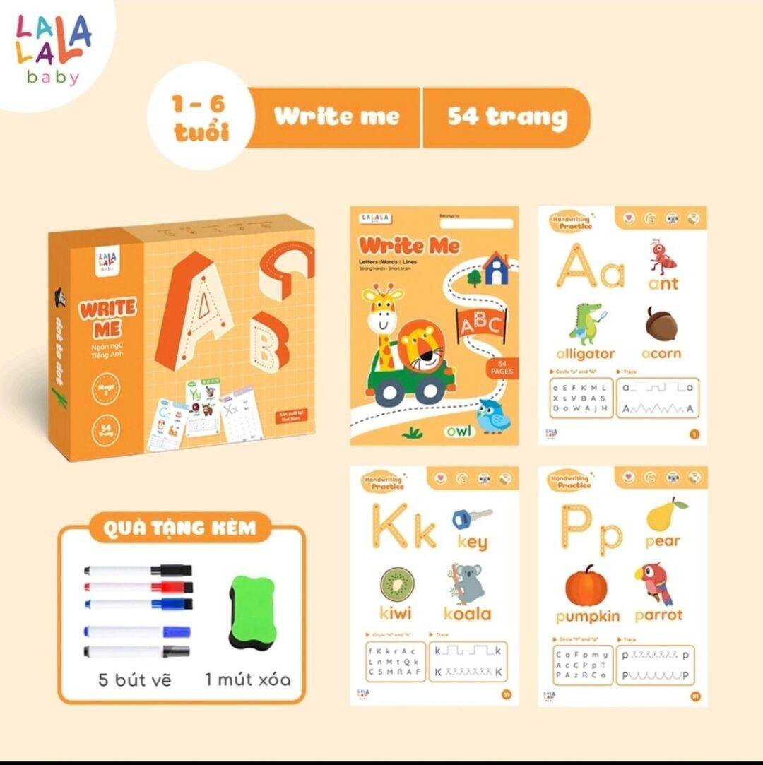 Bộ sách học chữ, số có thể vẽ và xóa được tặng kèm viết và bảng lau. Nhiều chủ đề cho bé lựa chọn