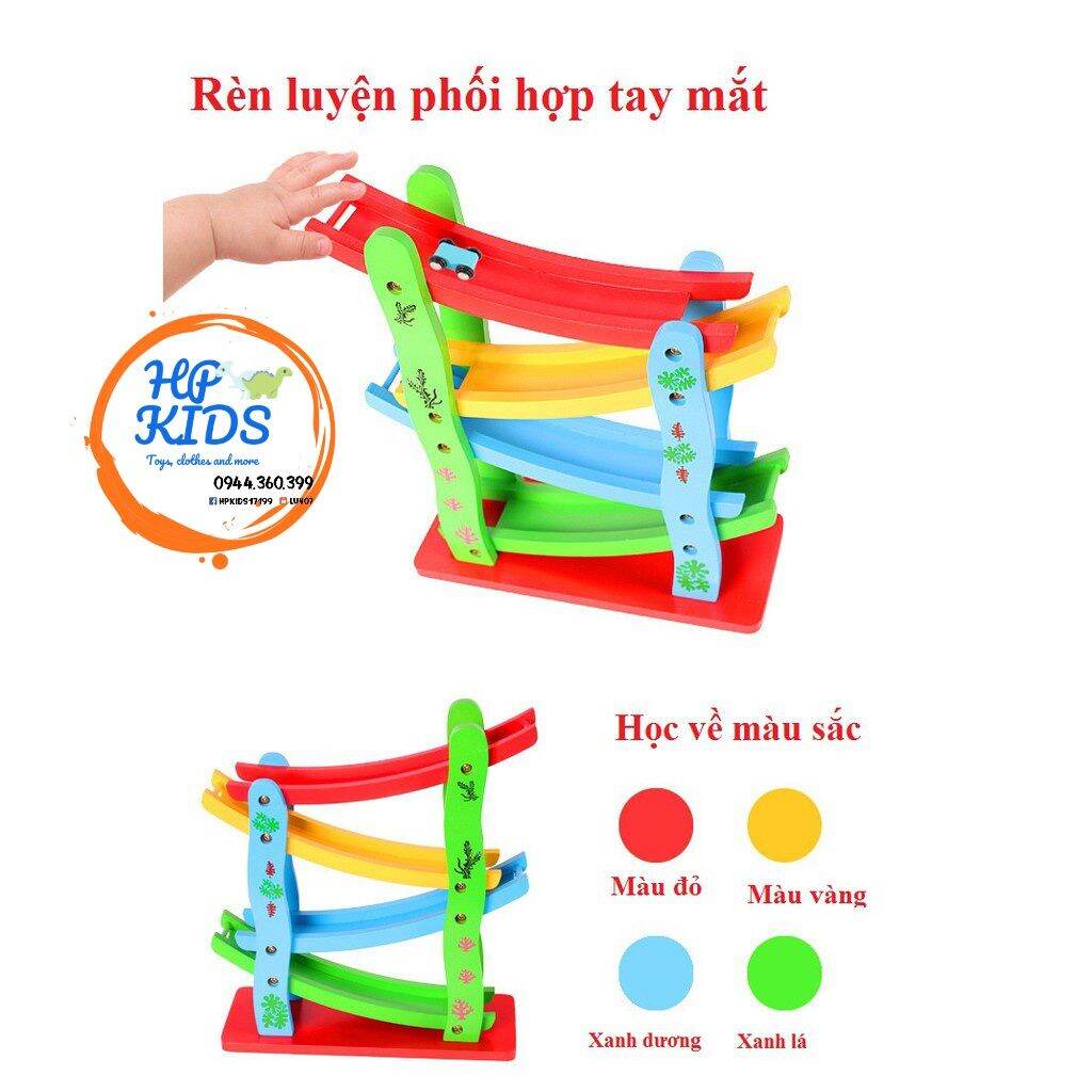 Cầu trượt 4 tầng bằng gỗ tặng kèm 4 xe ô tô
