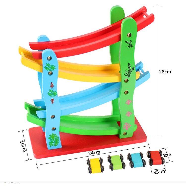 Cầu trượt 4 tầng bằng gỗ tặng kèm 4 xe ô tô