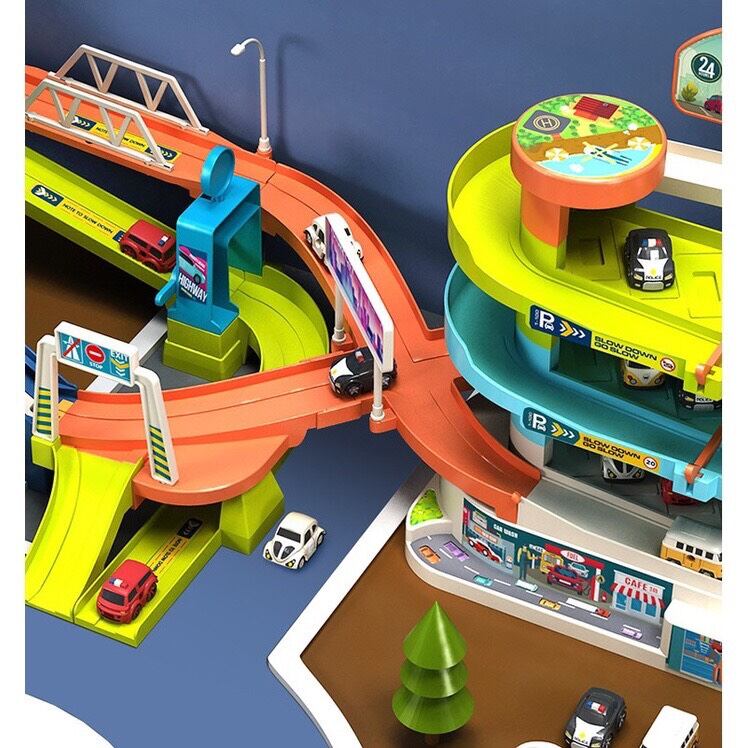 Đồ chơi đua xe ô tô kèm vô lăng phát nhạc cỡ lớn kết hợp bãi đỗ xe oto có thang cuốn chạy tự đông cho bé