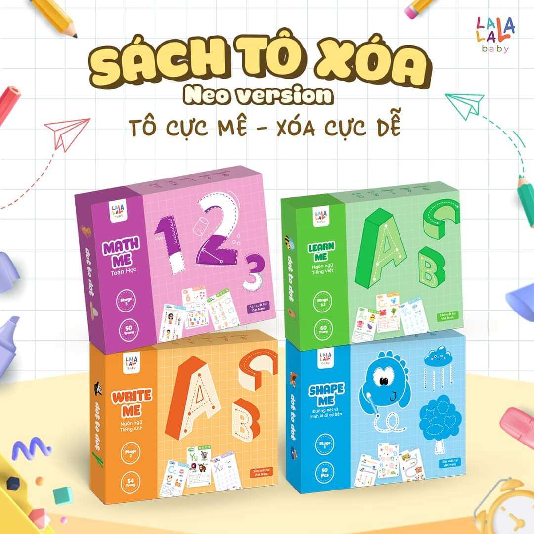 Bộ sách học chữ, số có thể vẽ và xóa được tặng kèm viết và bảng lau. Nhiều chủ đề cho bé lựa chọn