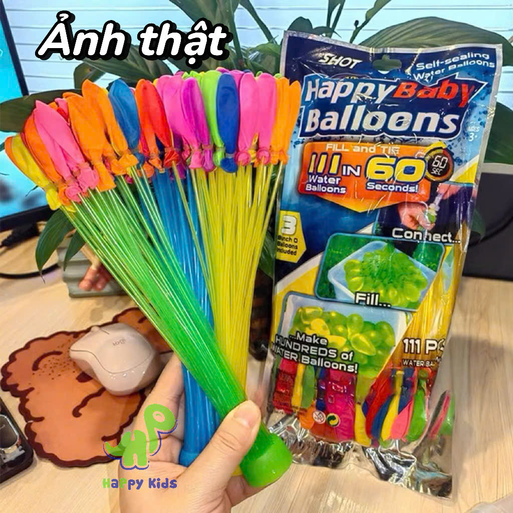 Bộ 111 quả bong bóng nước được lắp sẵn vào 3 chùm và có đầu nối với ống nước