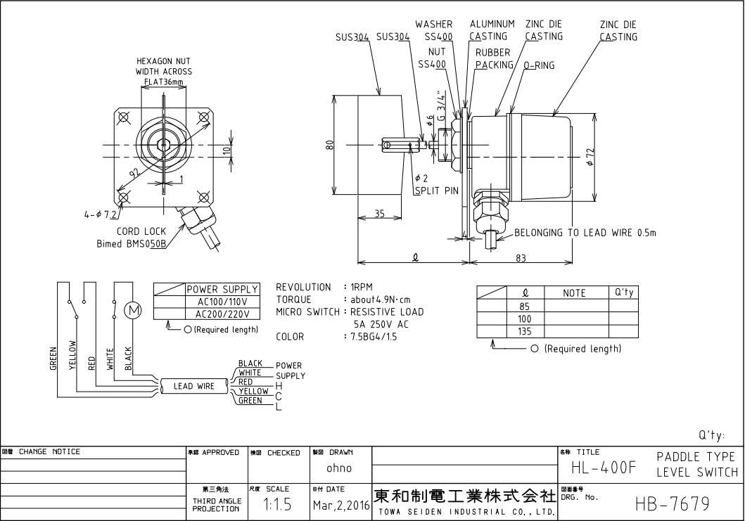 Thông số kỹ thuật Công tắc mức dạng xoay Towa Seiden HL-400H