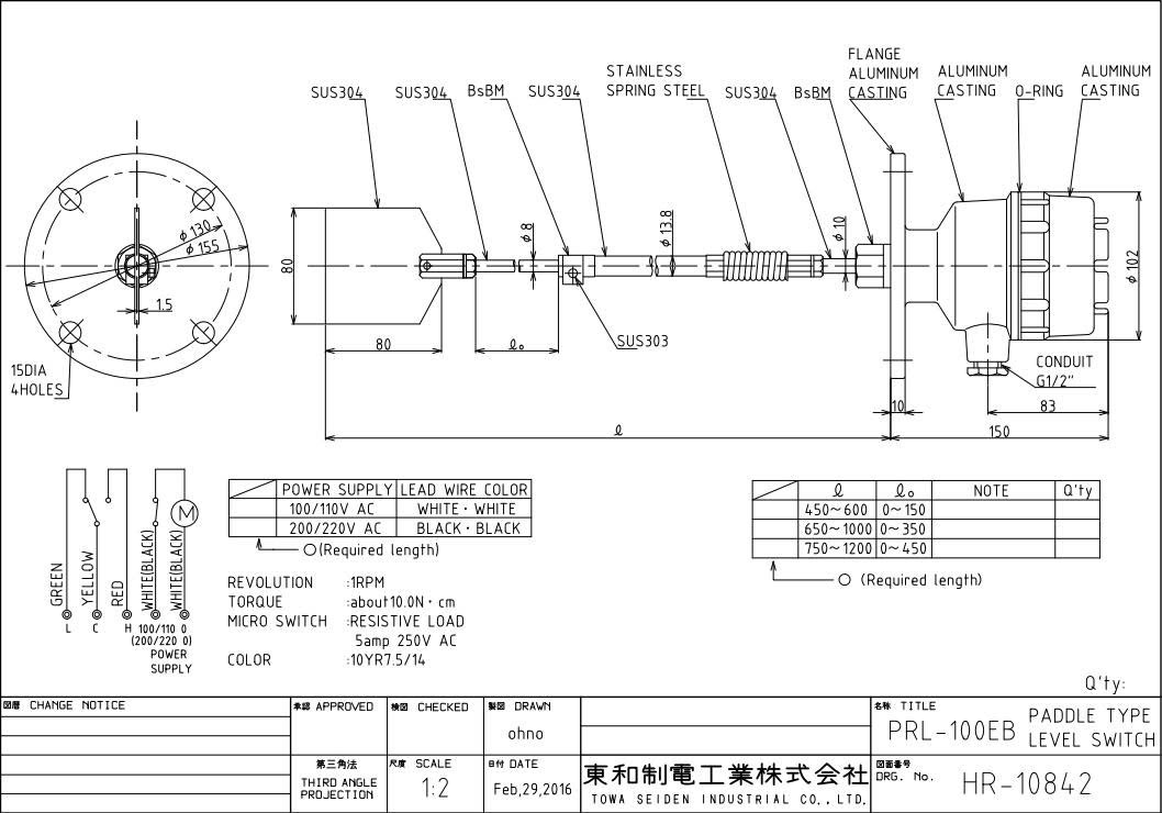 Thông số kỹ thuật Công tắc Towa Seiden TPE-100