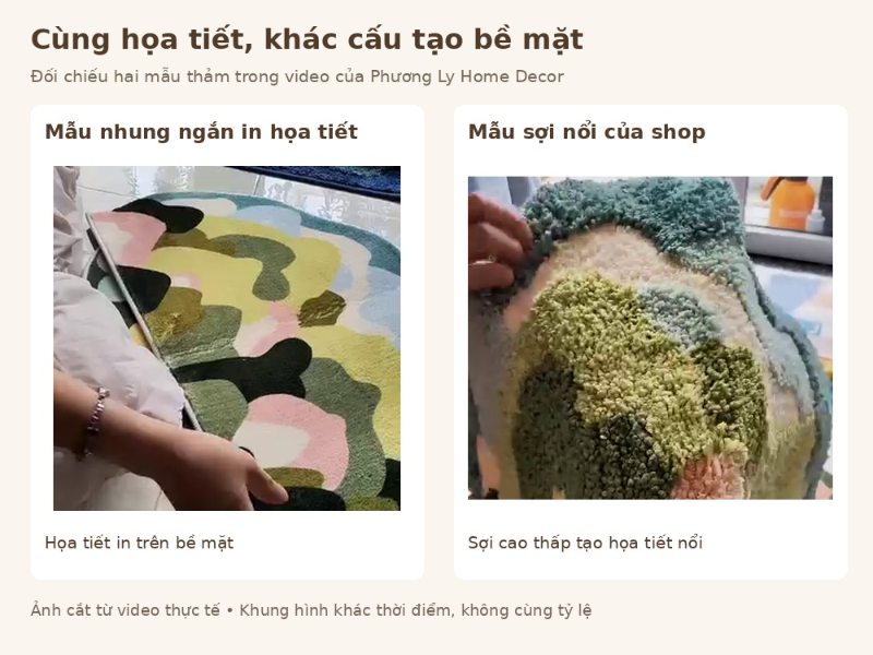 So sánh bề mặt thảm nhung ngắn in họa tiết và thảm sợi nổi của Phương Ly Home Decor