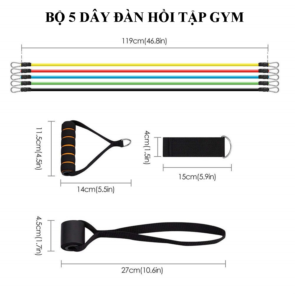 Bộ 5 dây ngũ sắc đàn hồi kháng lực 11 món tập gym tại nhà tiện ích