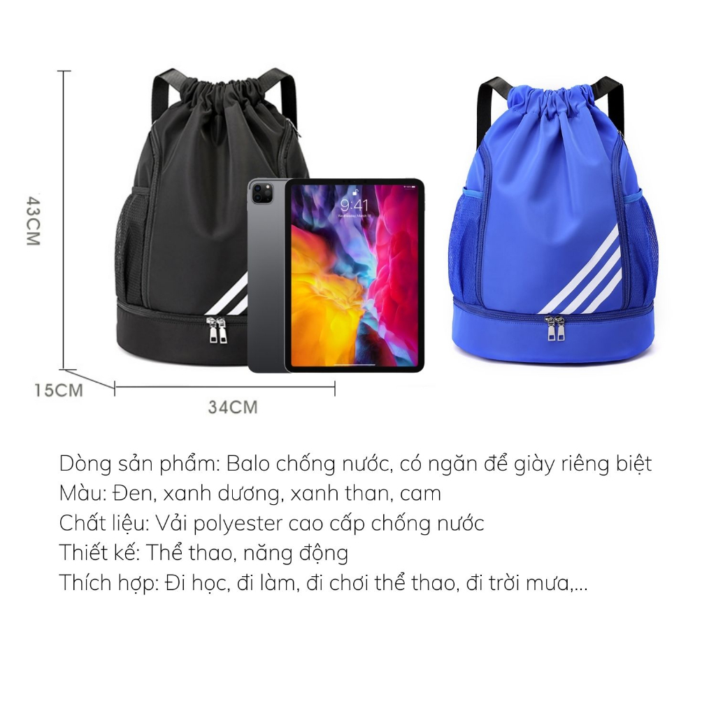 Balo thể thao đa năng, dây rút tiện lợi, chống thấm nước