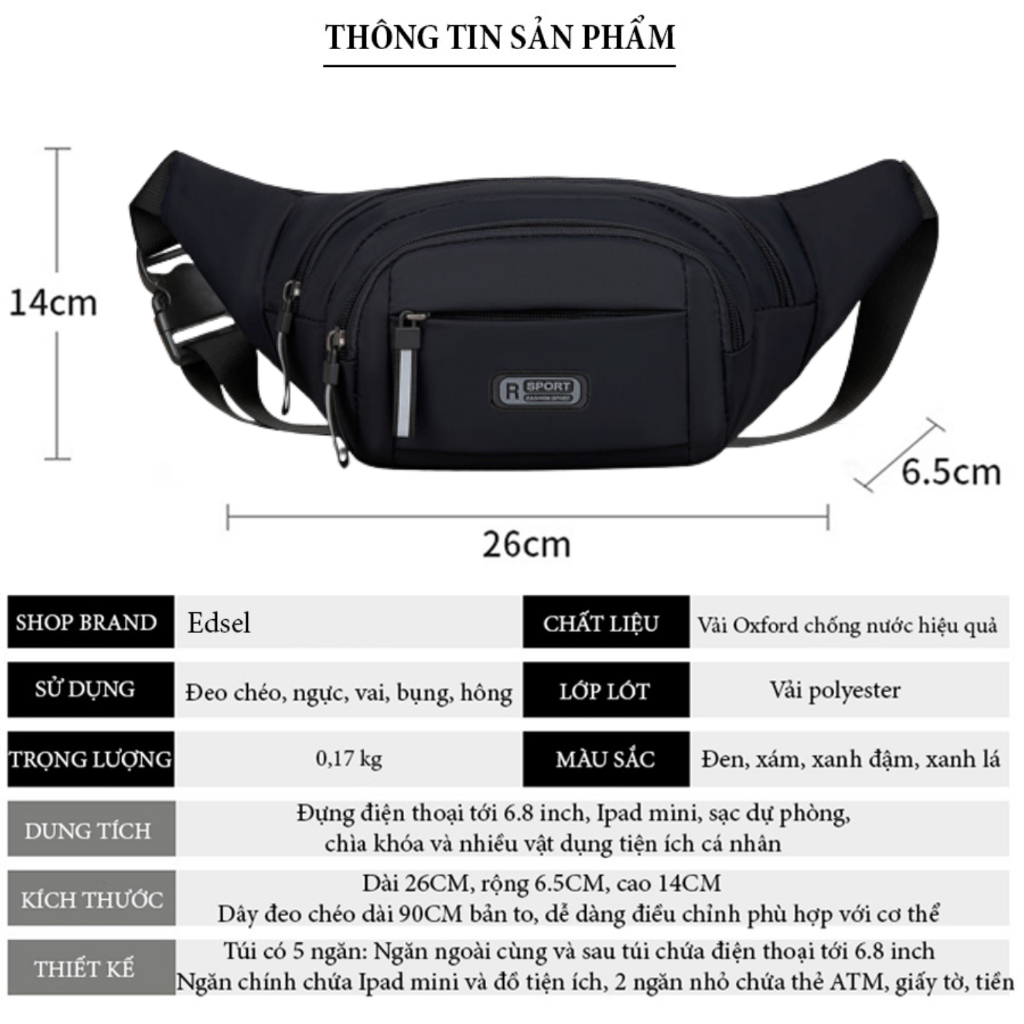 Túi đeo chéo nam in logo R cực chất, hạn chế thấm thước, sức chứa lớn