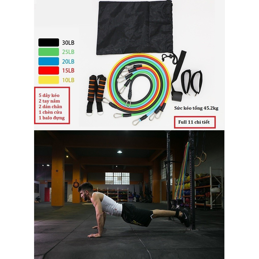 Bộ 5 dây ngũ sắc đàn hồi kháng lực 11 món tập gym tại nhà tiện ích
