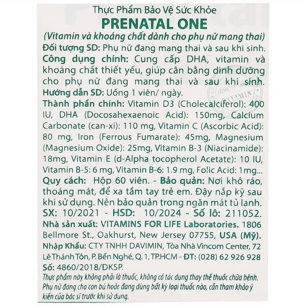 Thực phẩm bảo vệ sức khỏe Prenatal One Vitamins For Life