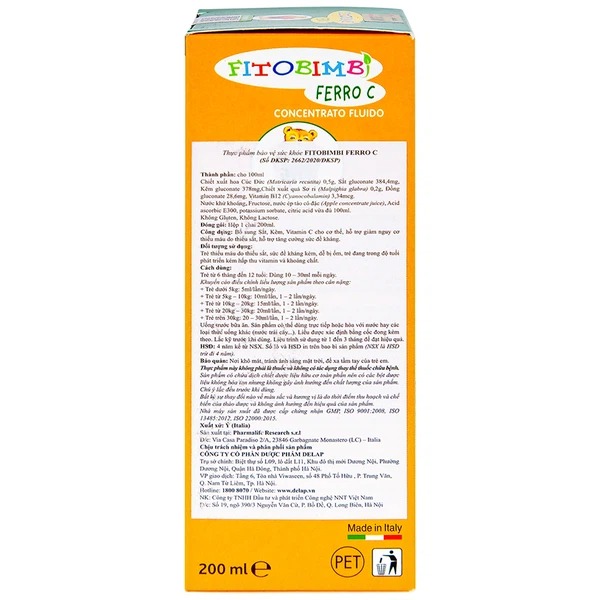 Siro Fitobimbi Ferro C Concentrato Fluido bổ sung sắt kẽm vitamin C cho cơ thể