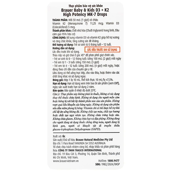 Siro Brauer Baby Kids D3+k2 High Potency MK-7 Drops 10ml bổ sung vitamin D3 và vitamin K2