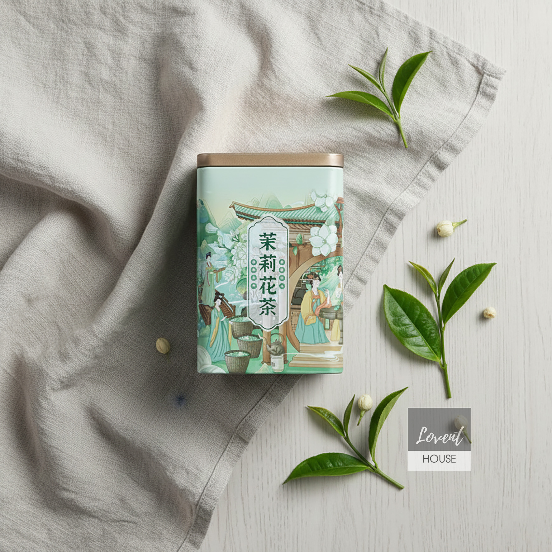 Trà Xanh Hoa Nhài Mạc Ly Hoa Cổ Họa Thanh Sắc hộp thiếc 100g