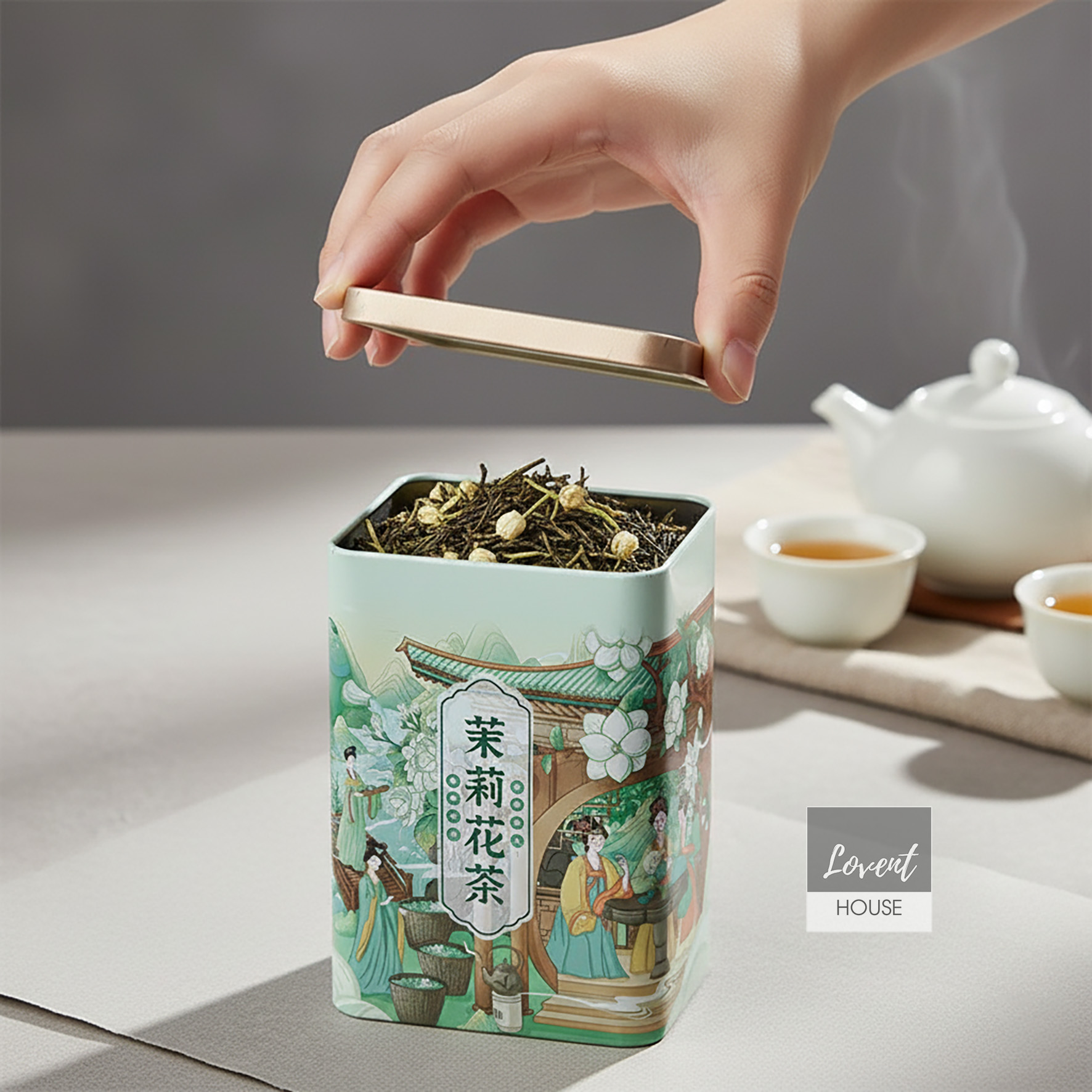 Trà Xanh Hoa Nhài Mạc Ly Hoa Cổ Họa Thanh Sắc hộp thiếc 100g