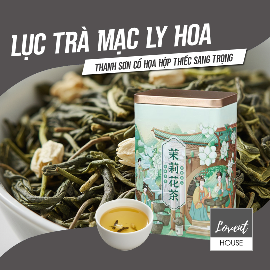 Trà Xanh Hoa Nhài Mạc Ly Hoa Cổ Họa Thanh Sắc hộp thiếc 100g