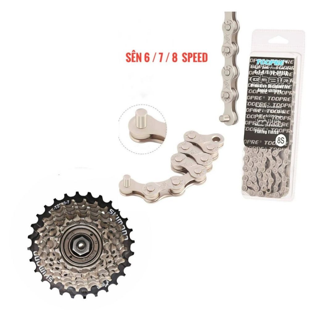 Combo Líp 7 tầng xe đạp Shimano và sên xích Toopre/YBN/Shimano 678 Speed