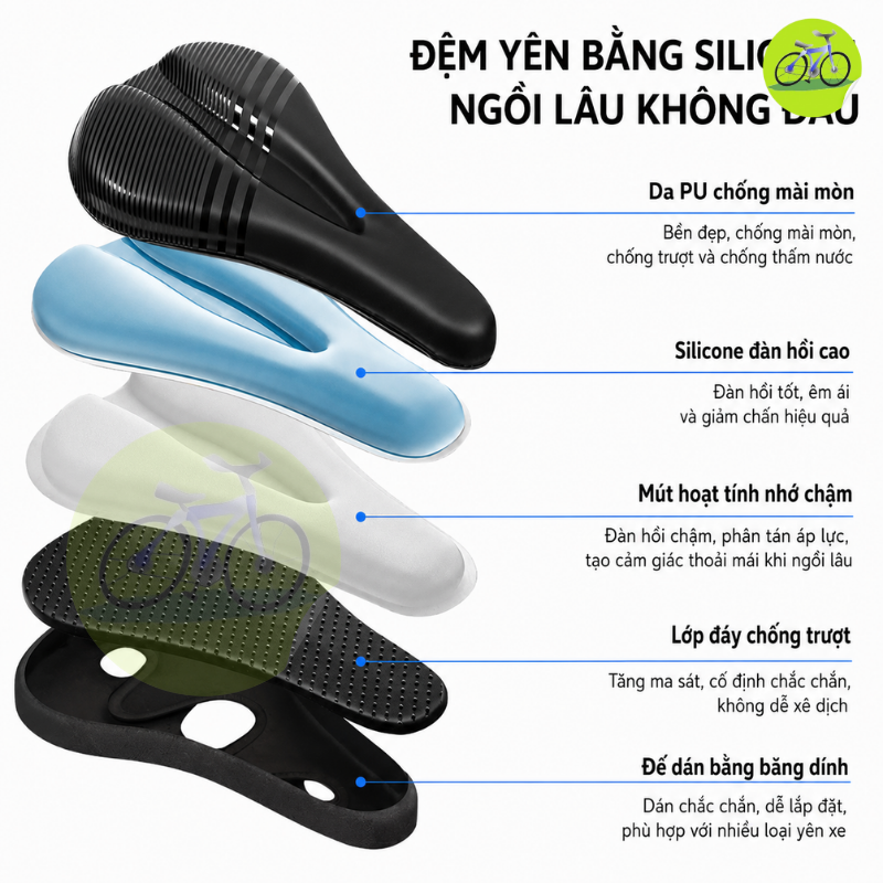 Bọc yên dán xe đạp mền SILICON RIDE BIKE dẻo dai không dính nước thoáng khí
