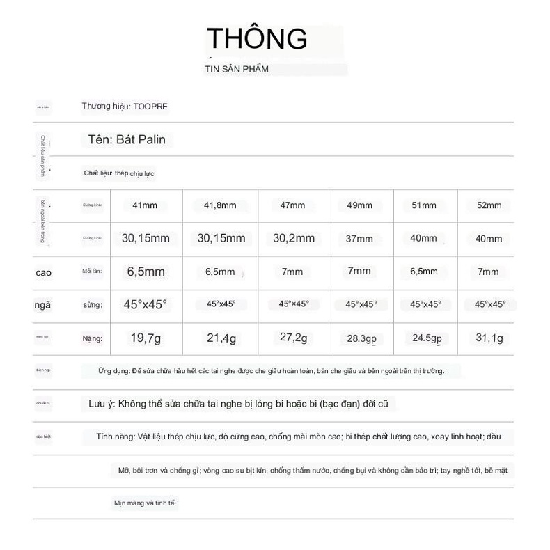 [HCM] Vòng bi chén cổ bạc đạn TOOPRE / Size 41/41.8/47/49/51/52mm / Chén Cổ Bạc đạn