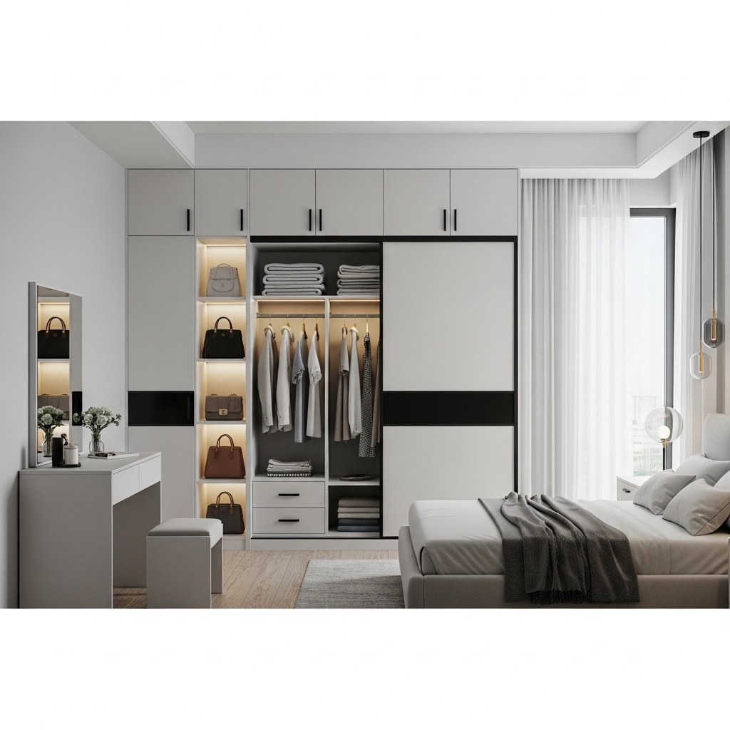 QA2508 Tủ quần áo kết hợp tủ trang trí phòng ngủ