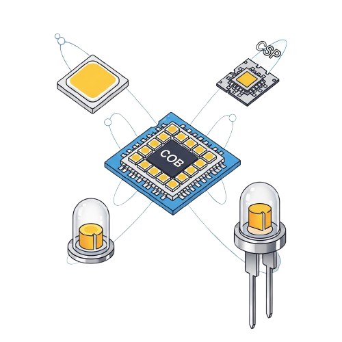 Các loại Chip LED và bộ phát sáng LED từ ZALAA, bao gồm chip COB, SMD, CSP và DIP, dành cho sản xuất OEM và chiếu sáng công nghệ cao.