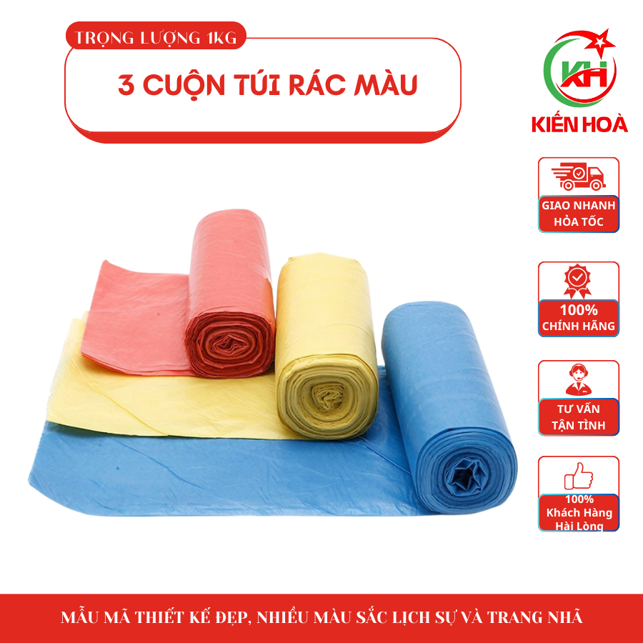 3 cuộn túi rác màu tự phân hủy sinh học (Loại 1), kích thước (tiểu, trung, đại) [1KG]