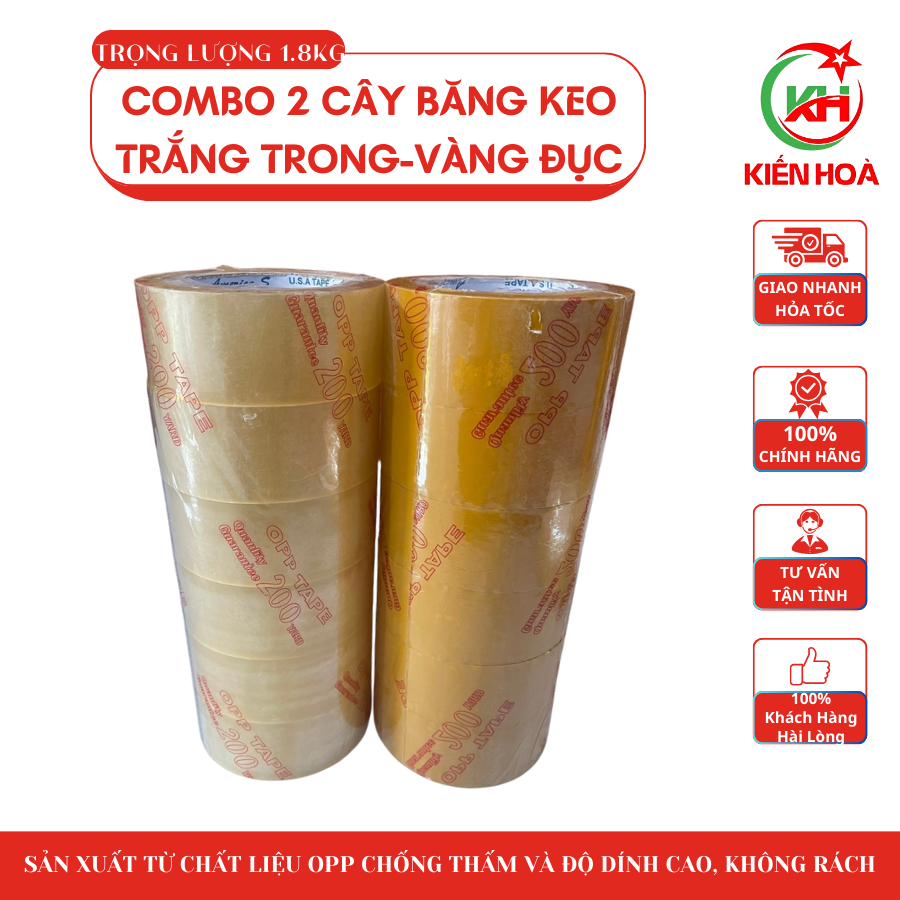 Combo 2 Cây Băng Keo Trắng Trong & Vàng Đục – 1,8kg – 200 Yard