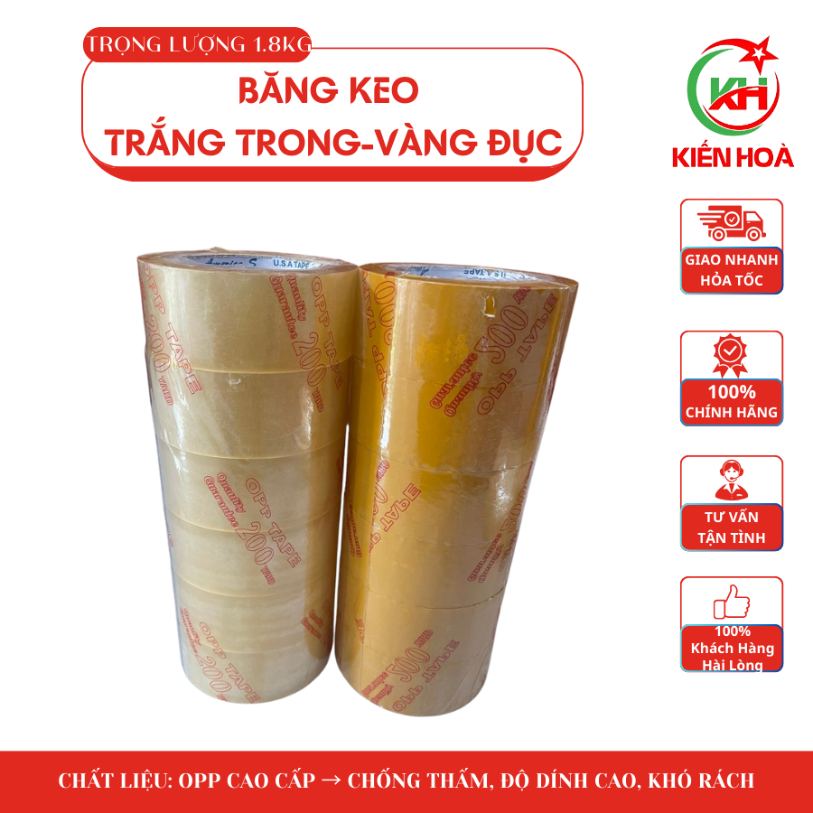 Băng Keo Trắng Trong & Vàng Đục – 1,8kg – 200 Yard (1 Cây = 6 Cuộn)