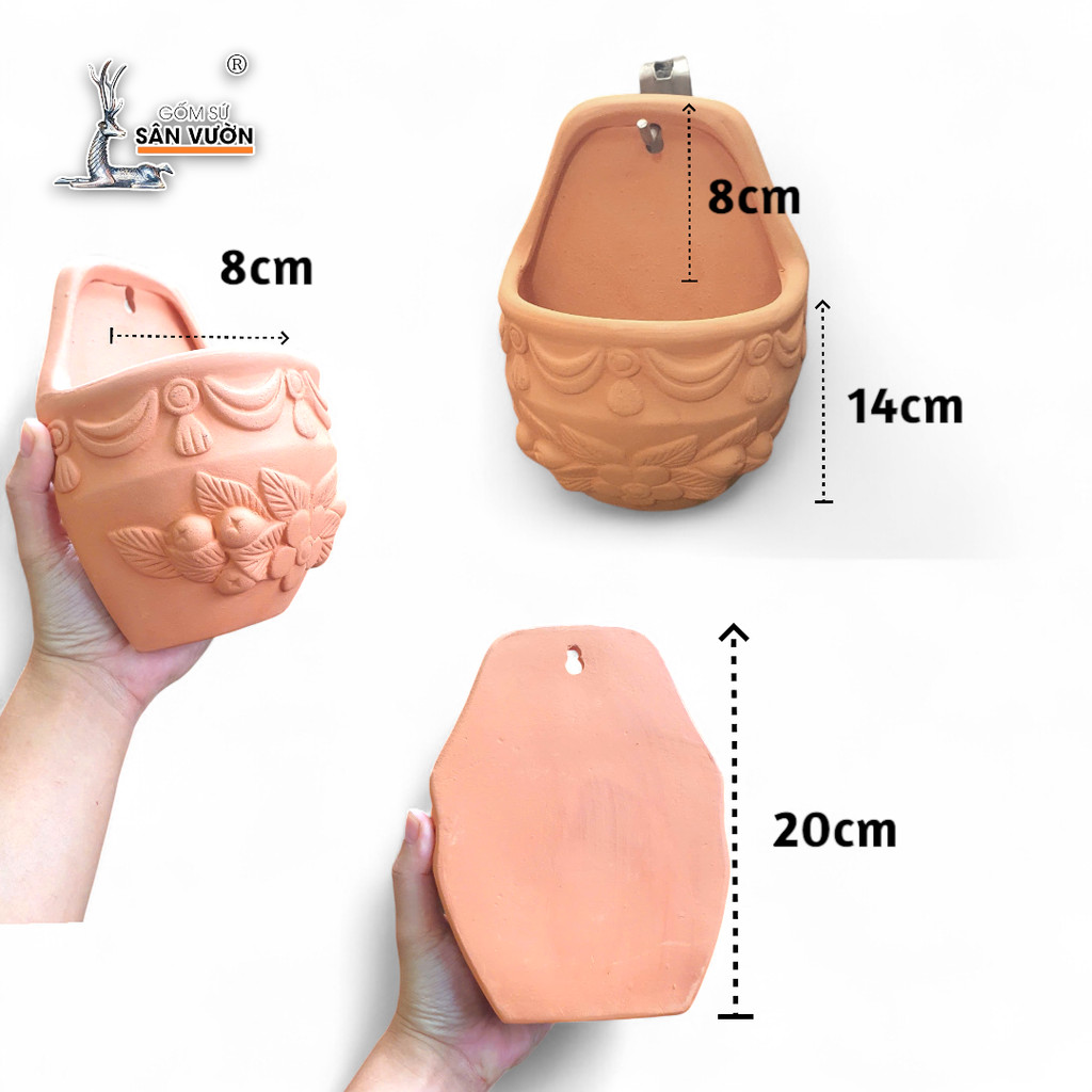 Chậu Ốp Tường Đất Nung Dáng Trứng Dẹp Hoa Văn Tinh Xảo - Gốm Sứ Sân Vườn