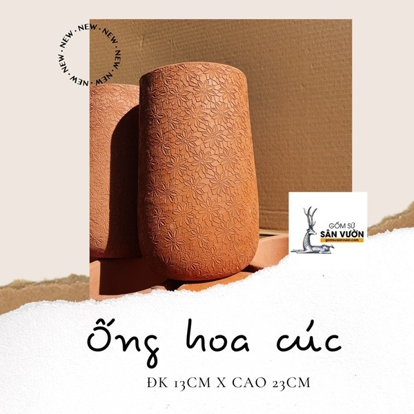 Chậu Gốm Đất Nung Hình Ống Vân Hoa Cúc - Gốm Sứ Sân Vườn