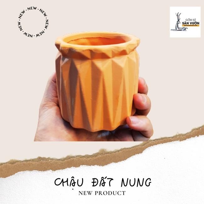 Chậu Gốm Đất Nung Dáng Trứng Vân Kim Cương - Gốm Sứ Sân Vườn