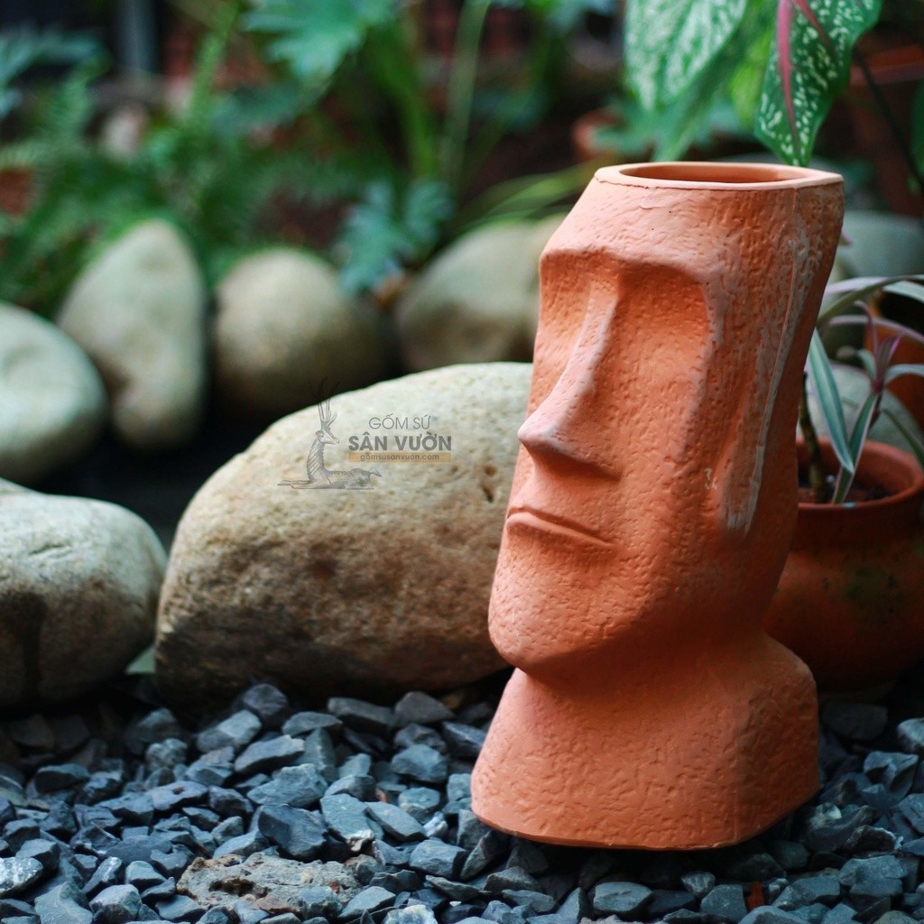 Chậu Gốm Đất Nung Hình Tượng Đầu Phục Sinh Moai - Gốm Sứ Sân Vườn