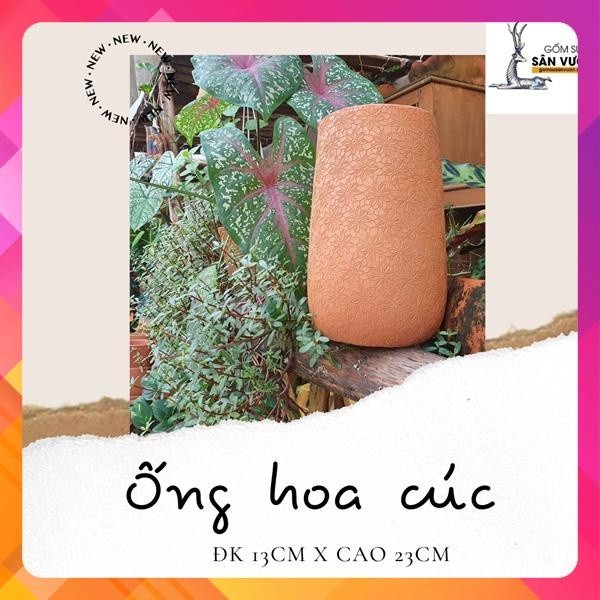 Chậu Gốm Đất Nung Hình Ống Vân Hoa Cúc - Gốm Sứ Sân Vườn