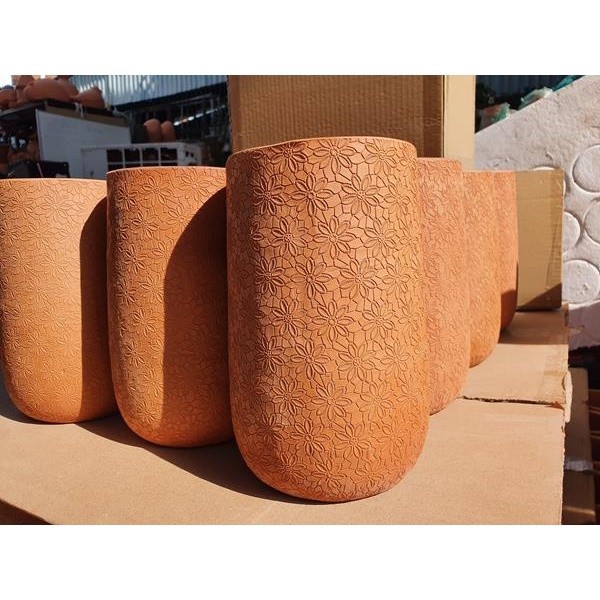 Chậu Gốm Đất Nung Hình Ống Vân Hoa Cúc - Gốm Sứ Sân Vườn